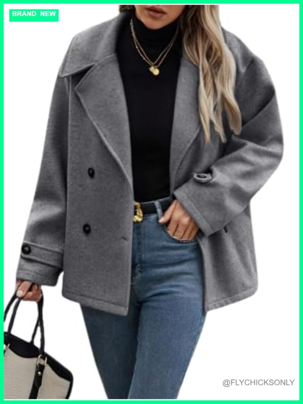 Wool Blend Pea Coat Loose Fit Cropped Button Down Notch Collar Women's